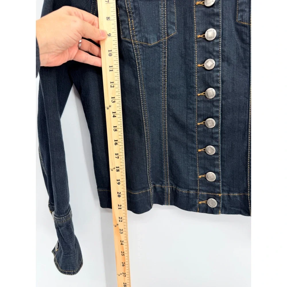 Chicos Platinum Dark Wash Denim Jacket Size 2 Indigo Button Front Stretch Cotton - Picture 7 of 8